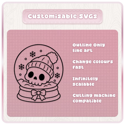 Gothic Christmas snow globe SVG with a cute Santa hat skull, showing scalable black outline line art for cutting machine crafts.