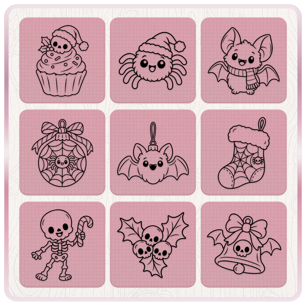 Nine cute Gothmas Christmas SVG designs including skeleton cupcake, Santa spider, Christmas bats, spiderweb stocking and skull bell.
