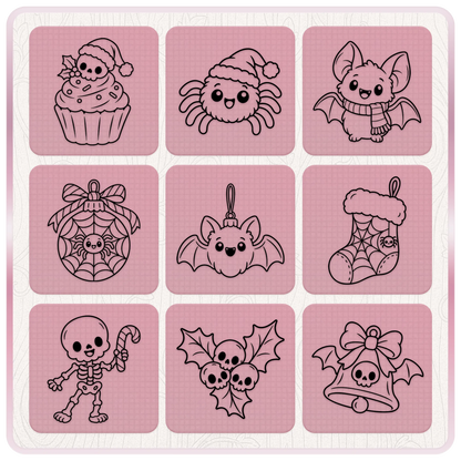 Nine cute Gothmas Christmas SVG designs including skeleton cupcake, Santa spider, Christmas bats, spiderweb stocking and skull bell.