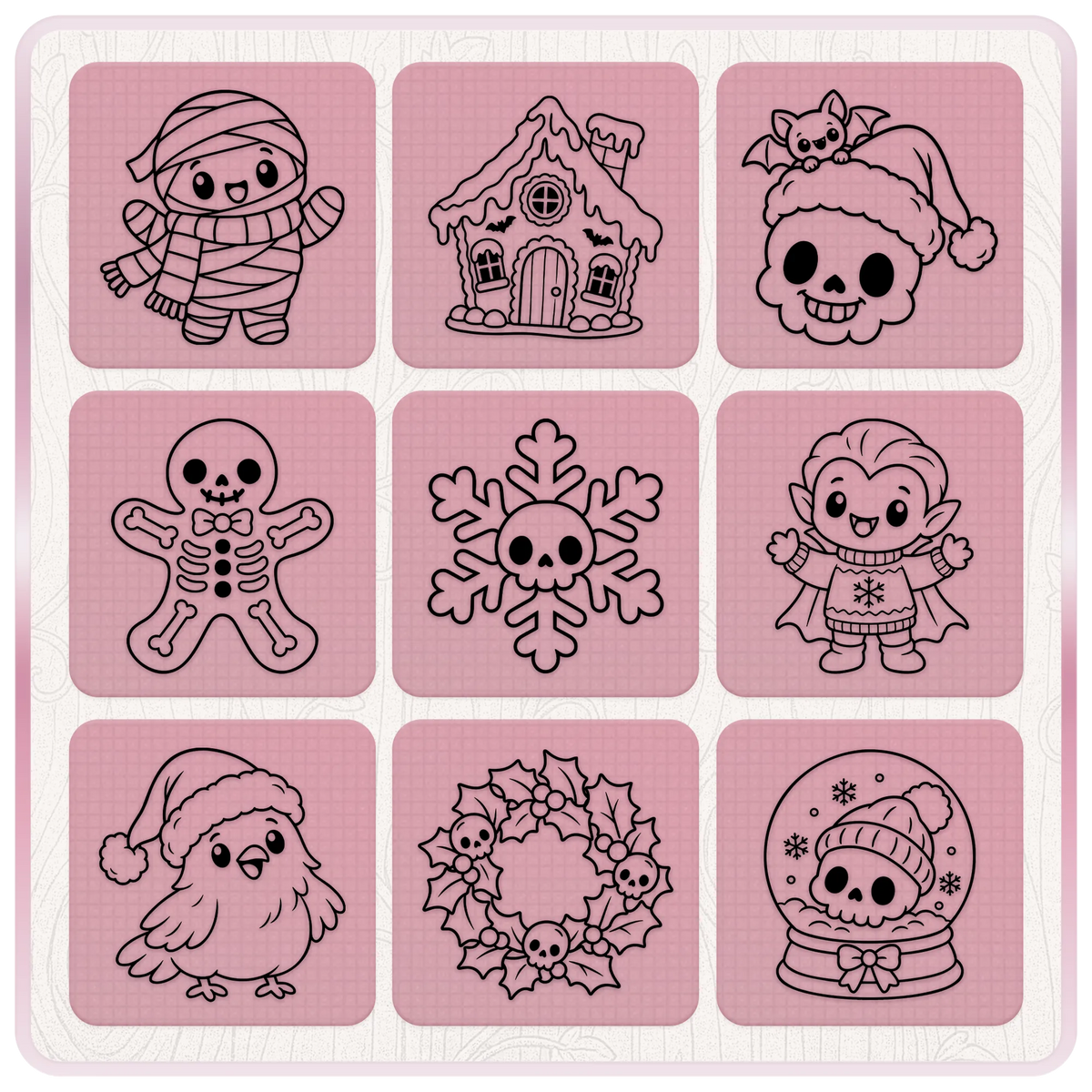 Nine spooky cute Christmas SVG illustrations featuring a festive mummy, haunted gingerbread house, vampire, skull wreath and snow globe.