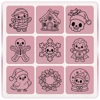 Nine spooky cute Christmas SVG illustrations featuring a festive mummy, haunted gingerbread house, vampire, skull wreath and snow globe.