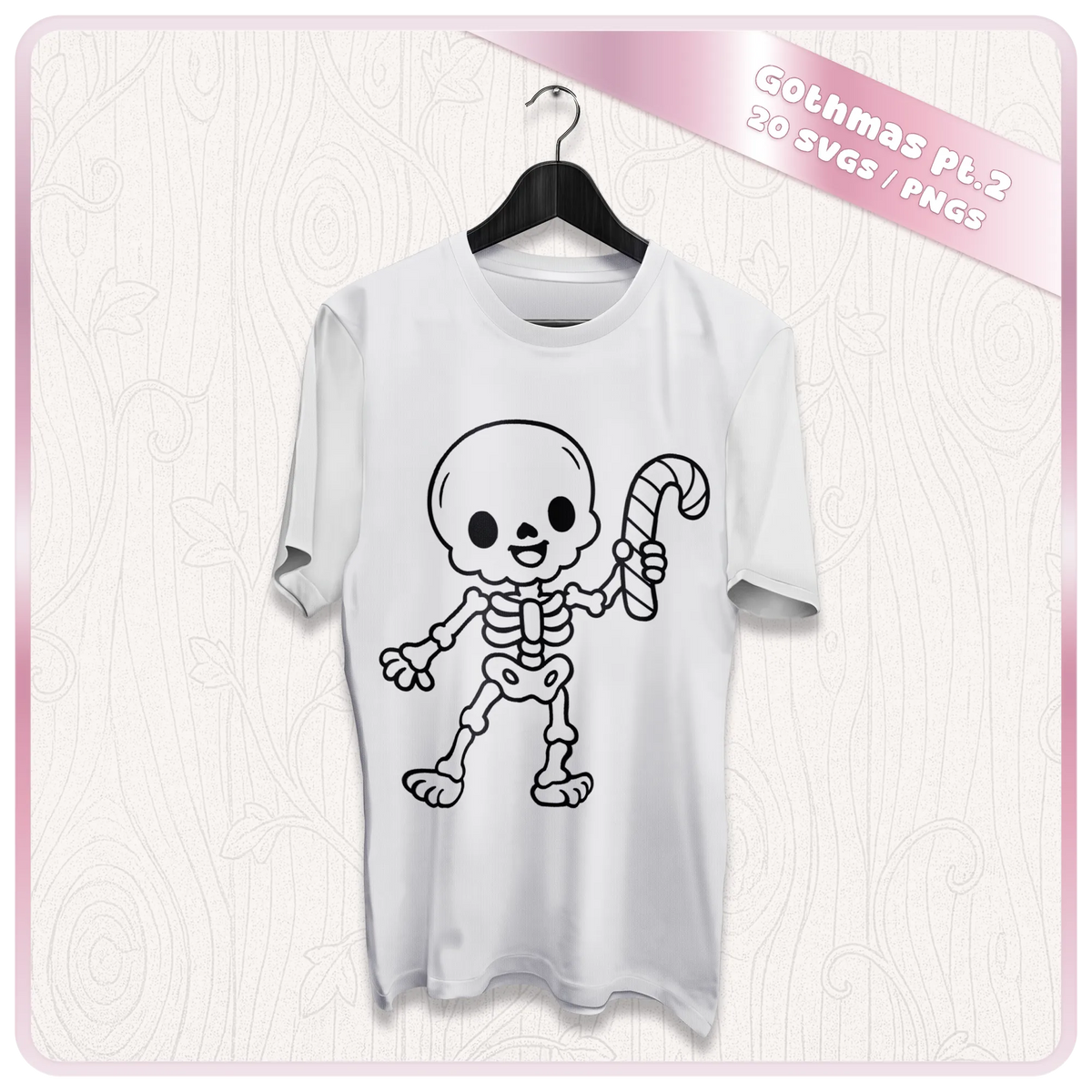 White Christmas T-shirt mockup featuring a cute skeleton holding a candy cane from the Gothmas spooky Christmas SVG and PNG bundle.