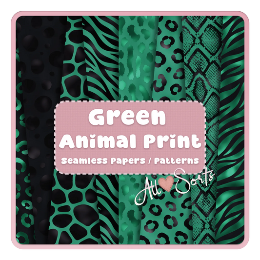 Green animal print seamless digital paper pack featuring leopard, zebra, giraffe and snakeskin patterns in black and green for scrapbooking and commercial use.
