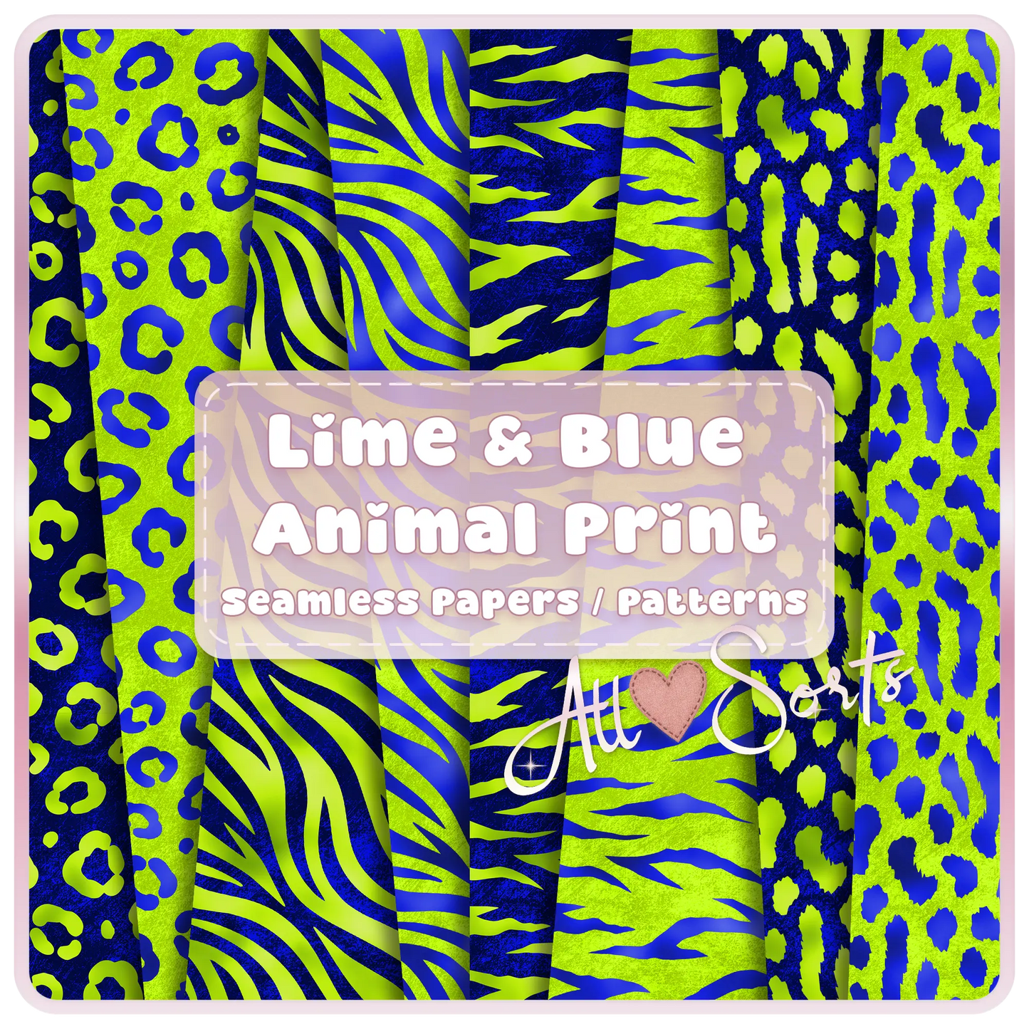 Lime green and blue animal print seamless patterns bundle preview with leopard zebra and abstract textures digital paper set