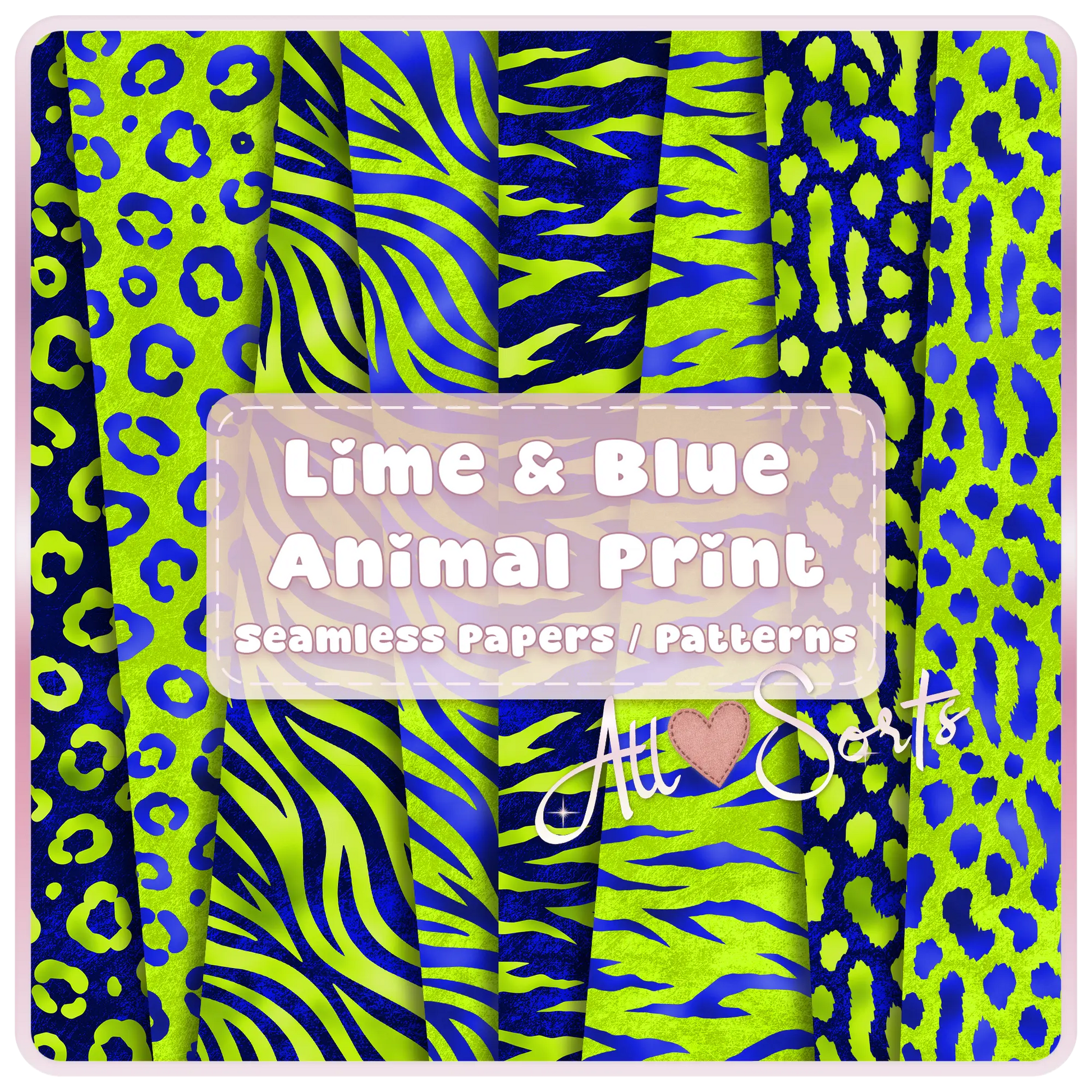 Lime green and blue animal print seamless patterns bundle preview with leopard zebra and abstract textures digital paper set