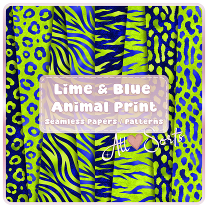 Lime green and blue animal print seamless patterns bundle preview with leopard zebra and abstract textures digital paper set