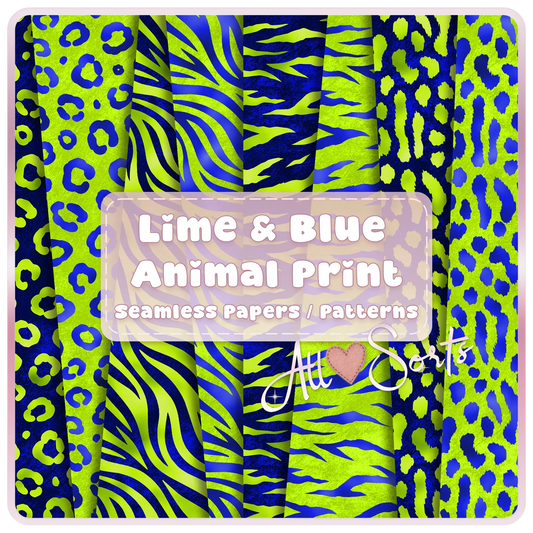 Lime green and blue animal print seamless patterns bundle preview with leopard zebra and abstract textures digital paper set