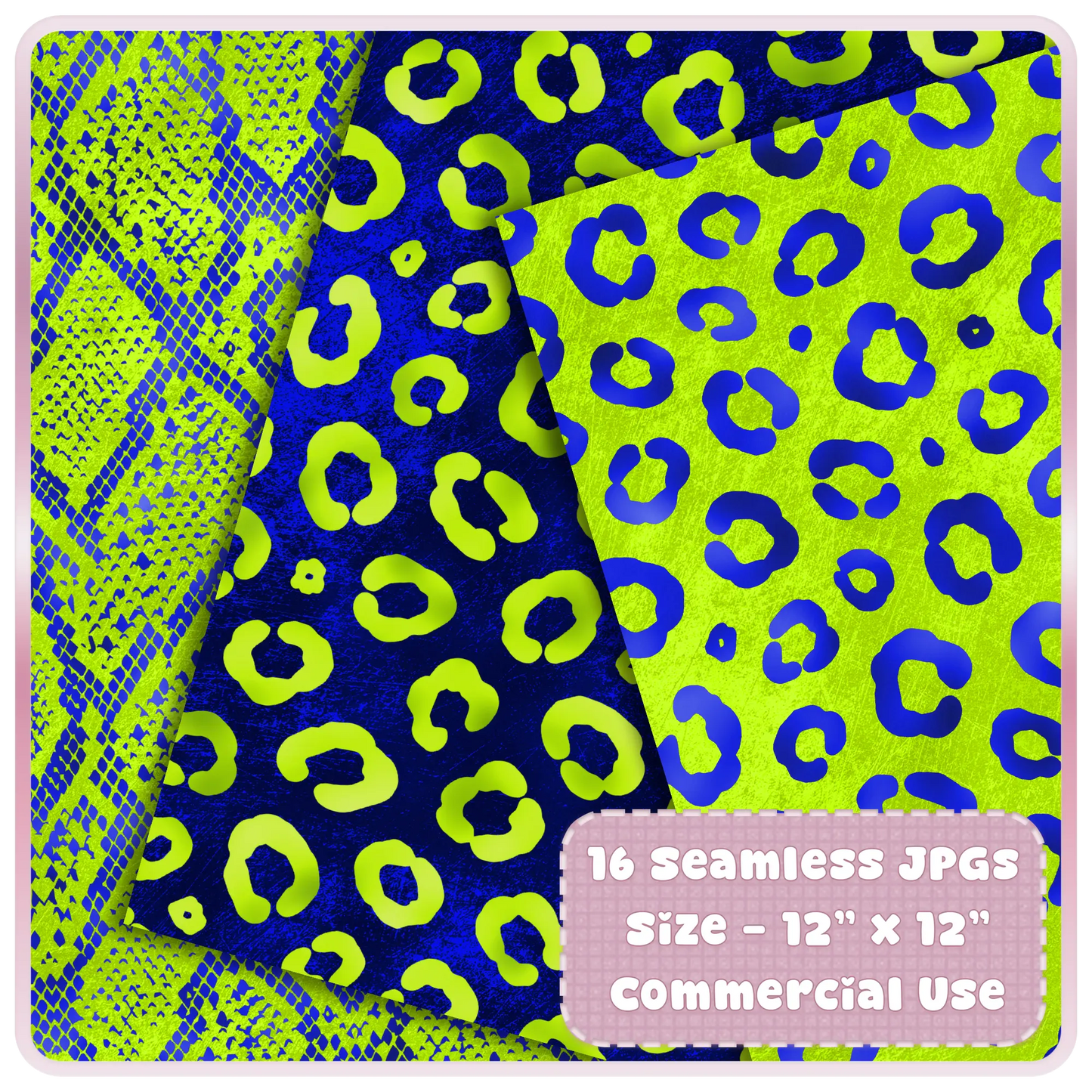 Neon lime and blue leopard print seamless digital paper with snakeskin pattern variation high resolution JPG
