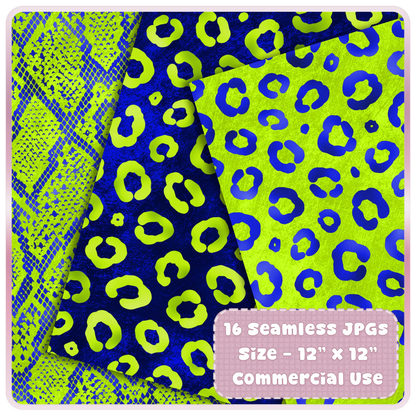 Neon lime and blue leopard print seamless digital paper with snakeskin pattern variation high resolution JPG