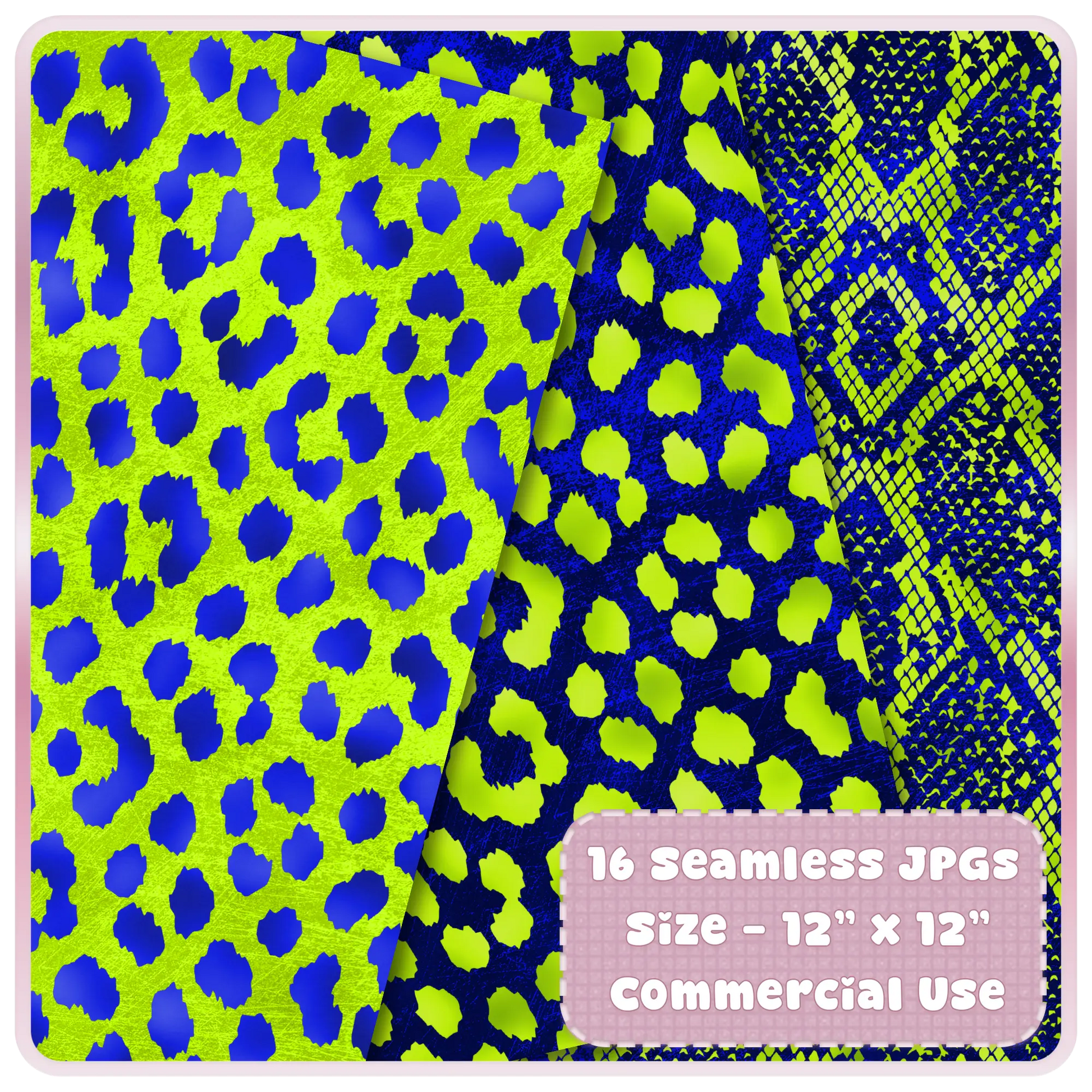 Bright lime green leopard print seamless pattern with deep blue background bold animal print digital paper