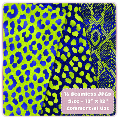 Bright lime green leopard print seamless pattern with deep blue background bold animal print digital paper