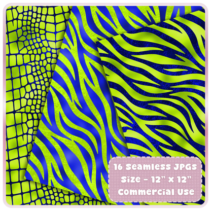 Blue and lime zebra stripe seamless pattern with reptile texture digital paper for fabric and POD