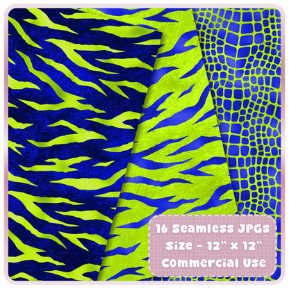 Abstract tiger stripe lime and blue seamless pattern with reptile texture bold digital background