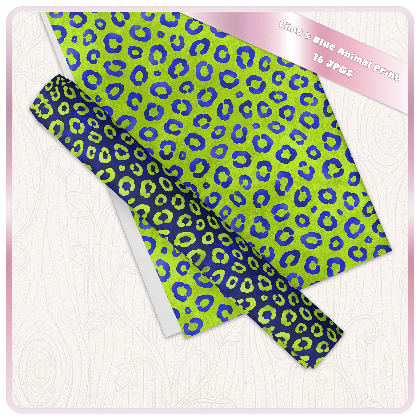 Leopard print lime and blue seamless pattern shown on folded paper mockup high resolution JPG