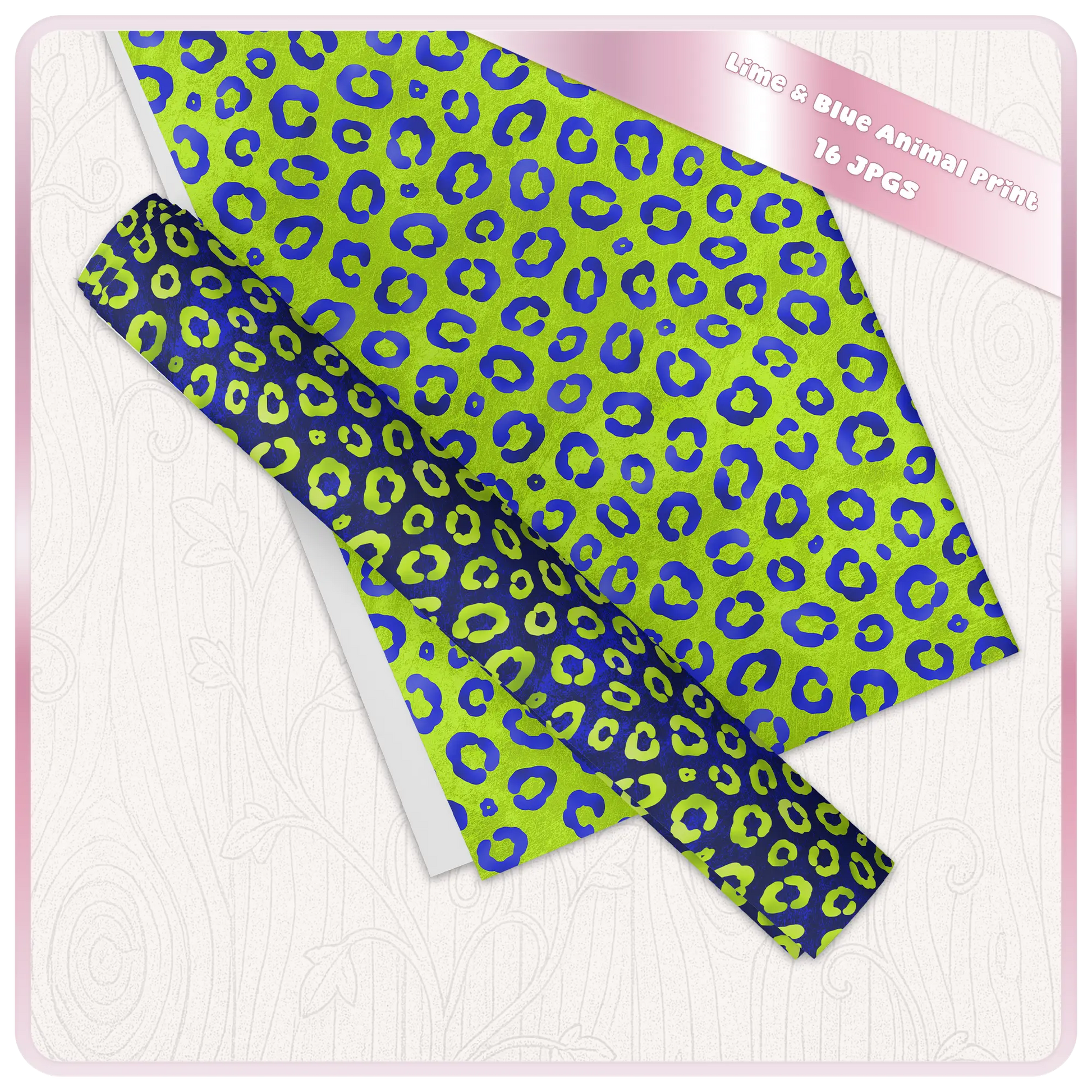 Leopard print lime and blue seamless pattern shown on folded paper mockup high resolution JPG