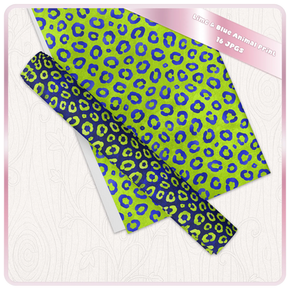 Leopard print lime and blue seamless pattern shown on folded paper mockup high resolution JPG