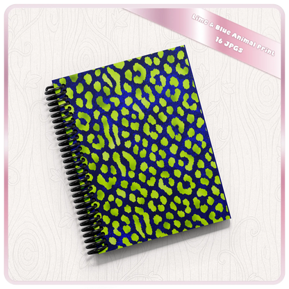 Spiral notebook mockup with lime and blue leopard print seamless pattern cover design