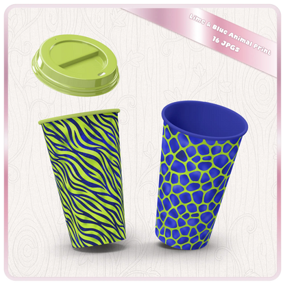 Reusable tumbler mockup with lime green and blue zebra and giraffe seamless patterns wrap design