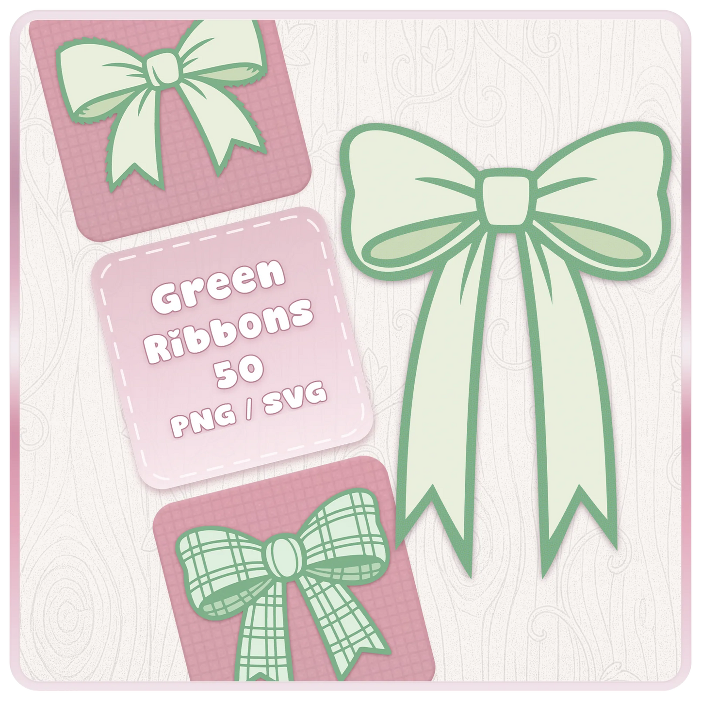 Green bow and ribbon SVG PNG bundle cover showing soft green ribbon clipart designs for Cricut, Silhouette, stickers, sublimation and paper crafts.