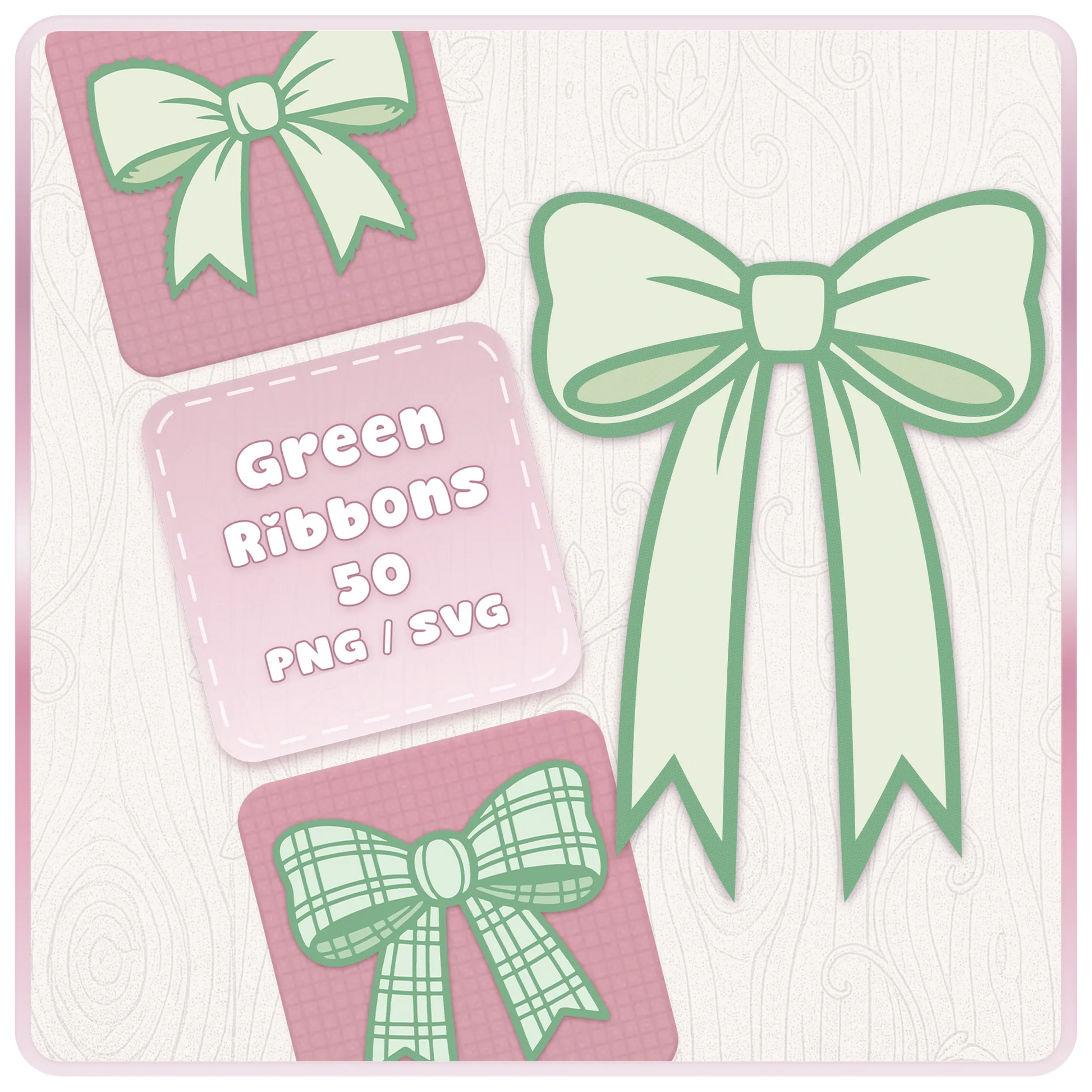 Green bow and ribbon SVG PNG bundle cover showing soft green ribbon clipart designs for Cricut, Silhouette, stickers, sublimation and paper crafts.