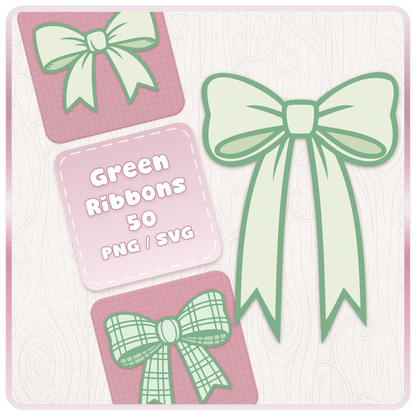 Green bow and ribbon SVG PNG bundle cover showing soft green ribbon clipart designs for Cricut, Silhouette, stickers, sublimation and paper crafts.