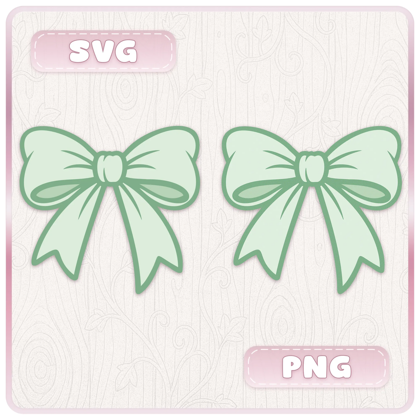 Green ribbon SVG and PNG preview showing two bow clipart designs with transparent background file options for digital craft projects.