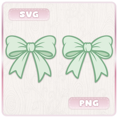 Green ribbon SVG and PNG preview showing two bow clipart designs with transparent background file options for digital craft projects.