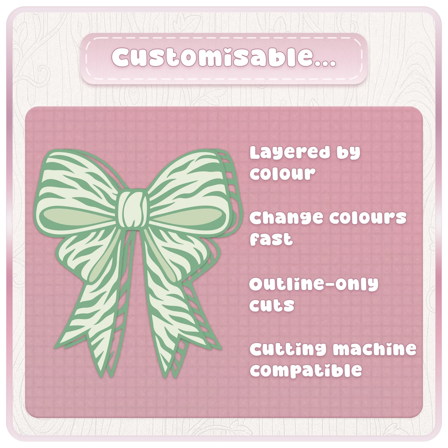 Customisable green bow SVG preview showing layered ribbon cut file features for Cricut, Silhouette and colour-editable craft designs.