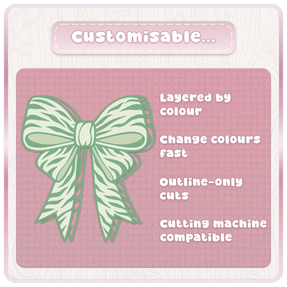 Customisable green bow SVG preview showing layered ribbon cut file features for Cricut, Silhouette and colour-editable craft designs.