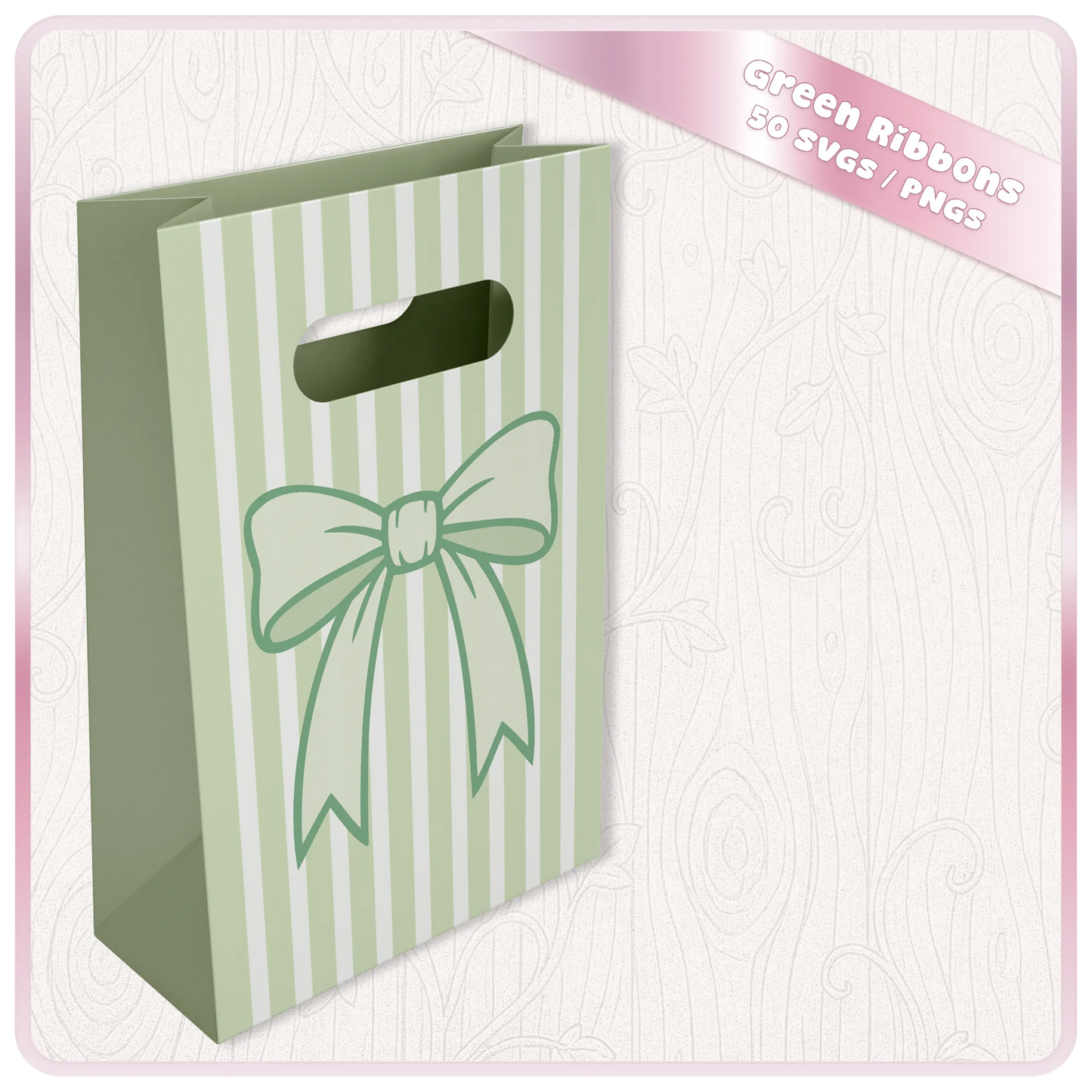 Green ribbon PNG and SVG mockup on striped gift bag showing bow design for packaging, boutique branding, paper crafts and printable decor.
