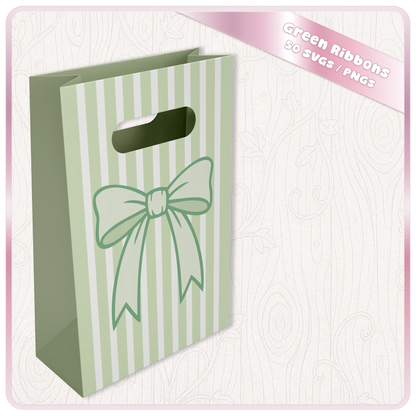 Green ribbon PNG and SVG mockup on striped gift bag showing bow design for packaging, boutique branding, paper crafts and printable decor.