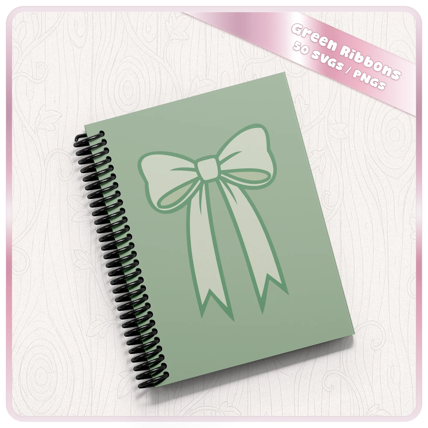 Green bow SVG mockup on spiral notebook showing soft ribbon design for stationery, planner covers, stickers and printable craft projects.
