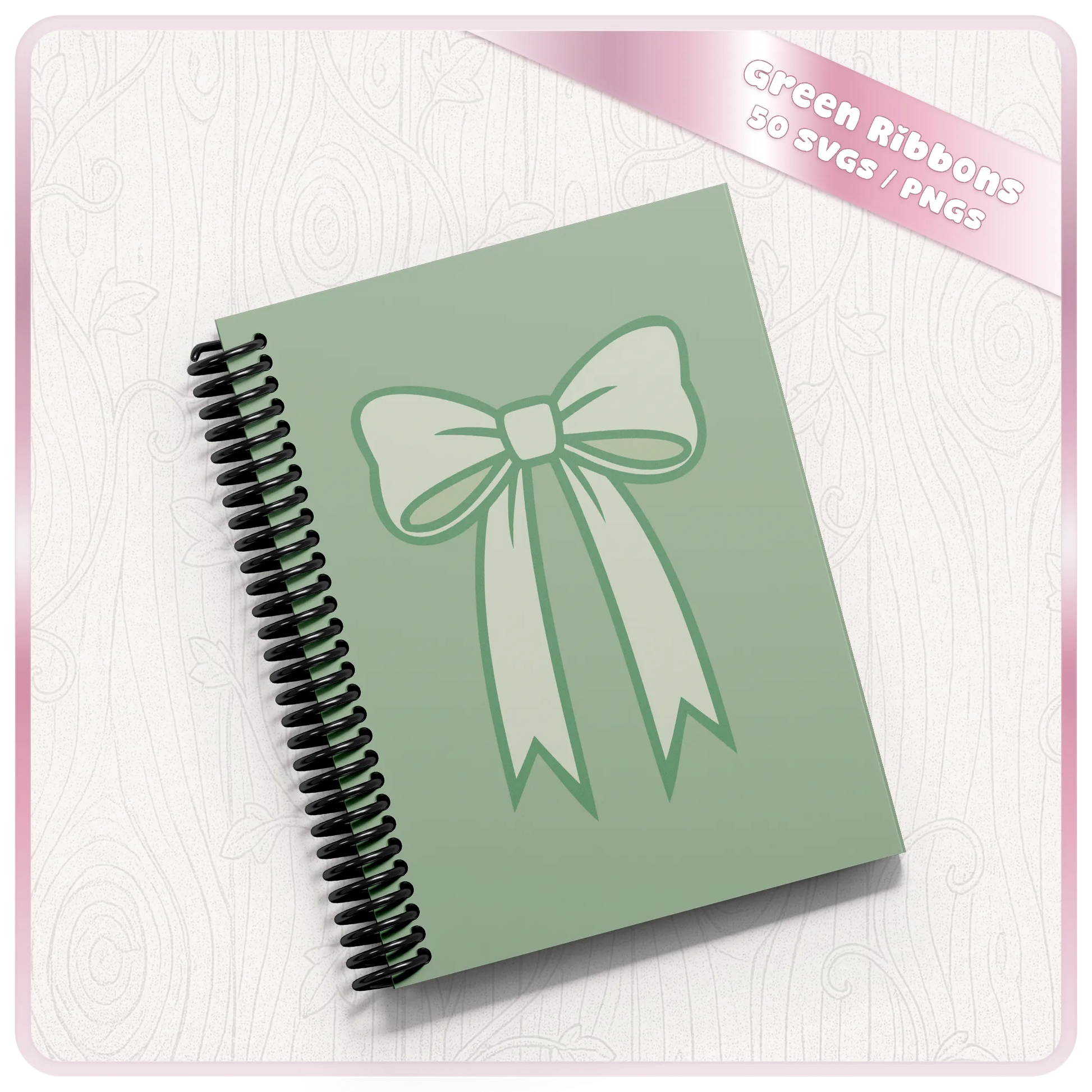 Green bow SVG mockup on spiral notebook showing soft ribbon design for stationery, planner covers, stickers and printable craft projects.