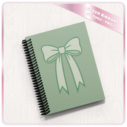 Green bow SVG mockup on spiral notebook showing soft ribbon design for stationery, planner covers, stickers and printable craft projects.