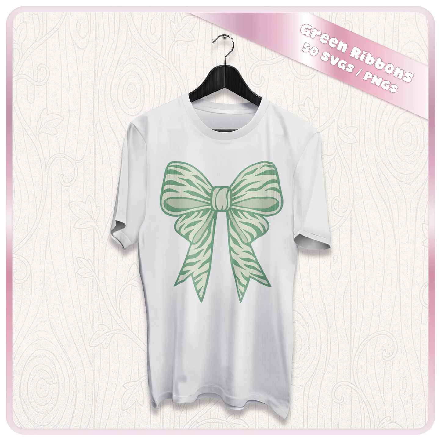 Green ribbon SVG mockup on white t-shirt showing bow design for sublimation, apparel, Cricut vinyl and custom clothing projects.