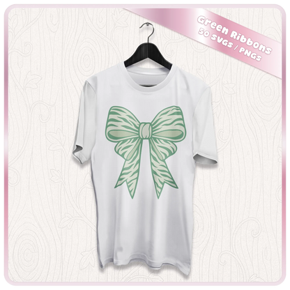 Green ribbon SVG mockup on white t-shirt showing bow design for sublimation, apparel, Cricut vinyl and custom clothing projects.