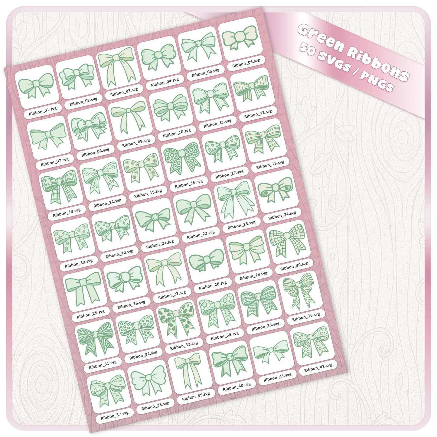 Green bow SVG bundle contact sheet showing 50 ribbon clipart files with individual SVG designs for Cricut, Silhouette and craft downloads.