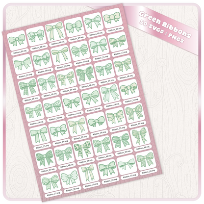 Green bow SVG bundle contact sheet showing 50 ribbon clipart files with individual SVG designs for Cricut, Silhouette and craft downloads.