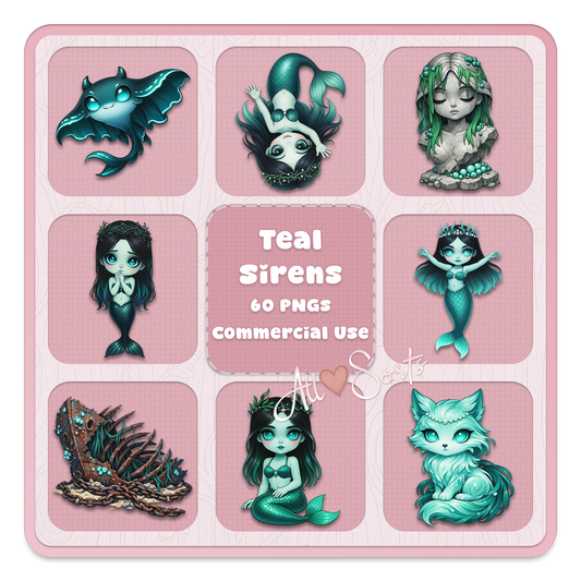 Teal sirens mermaid clipart bundle, cute fantasy ocean characters, sea creatures and underwater PNG set for sublimation and crafts
