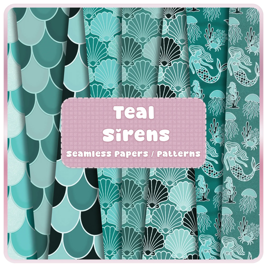 Teal mermaid seamless patterns bundle featuring fish scales, seashells, and ocean-themed designs in aqua and turquoise tones, digital paper pack preview