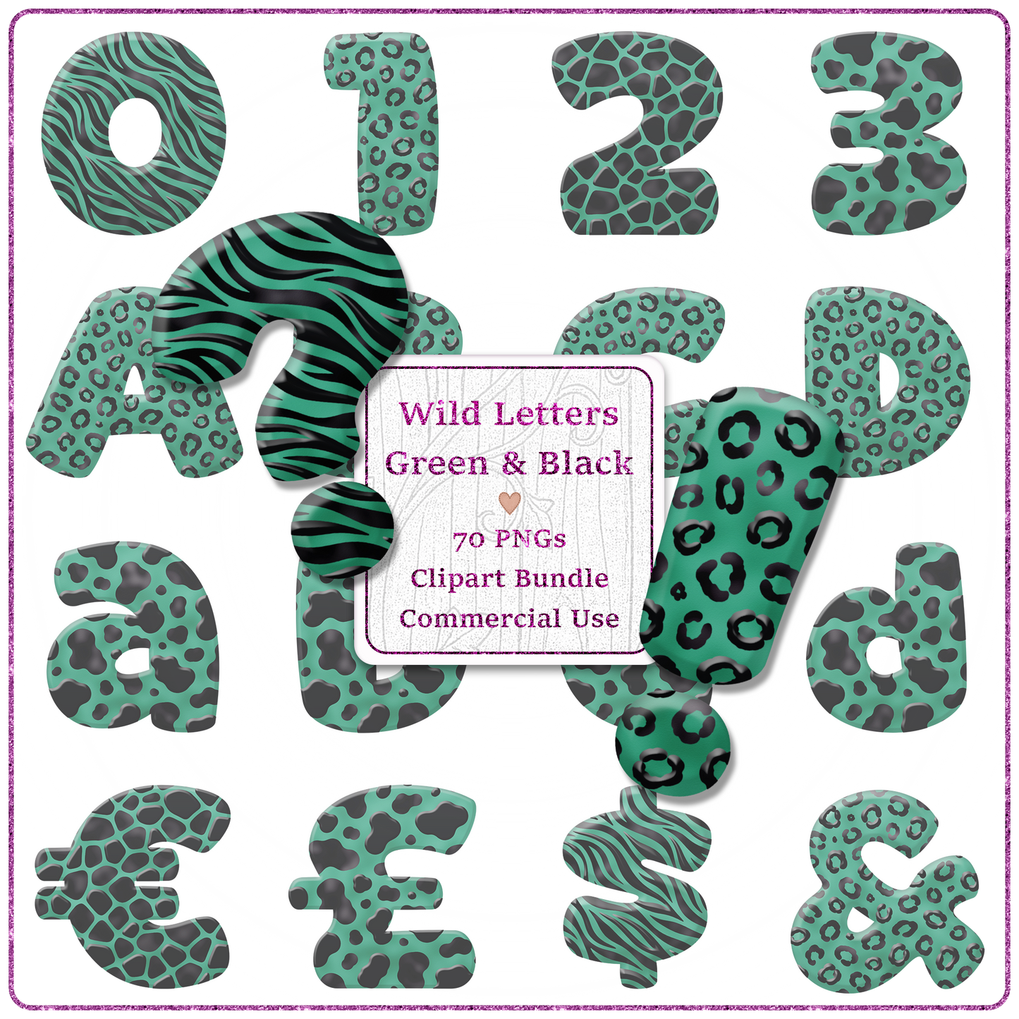 Green Animal Print Letters & Numbers Clipart Bundle 70 PNGs