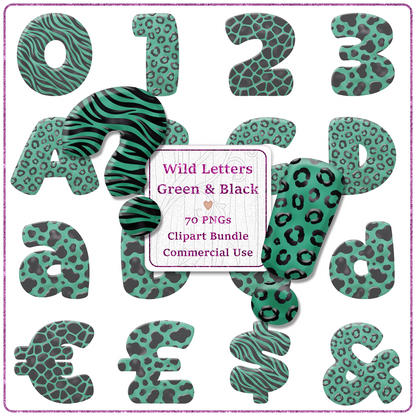 Green Animal Print Letters & Numbers Clipart Bundle 70 PNGs
