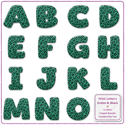 Green Animal Print Letters & Numbers Clipart Bundle 70 PNGs