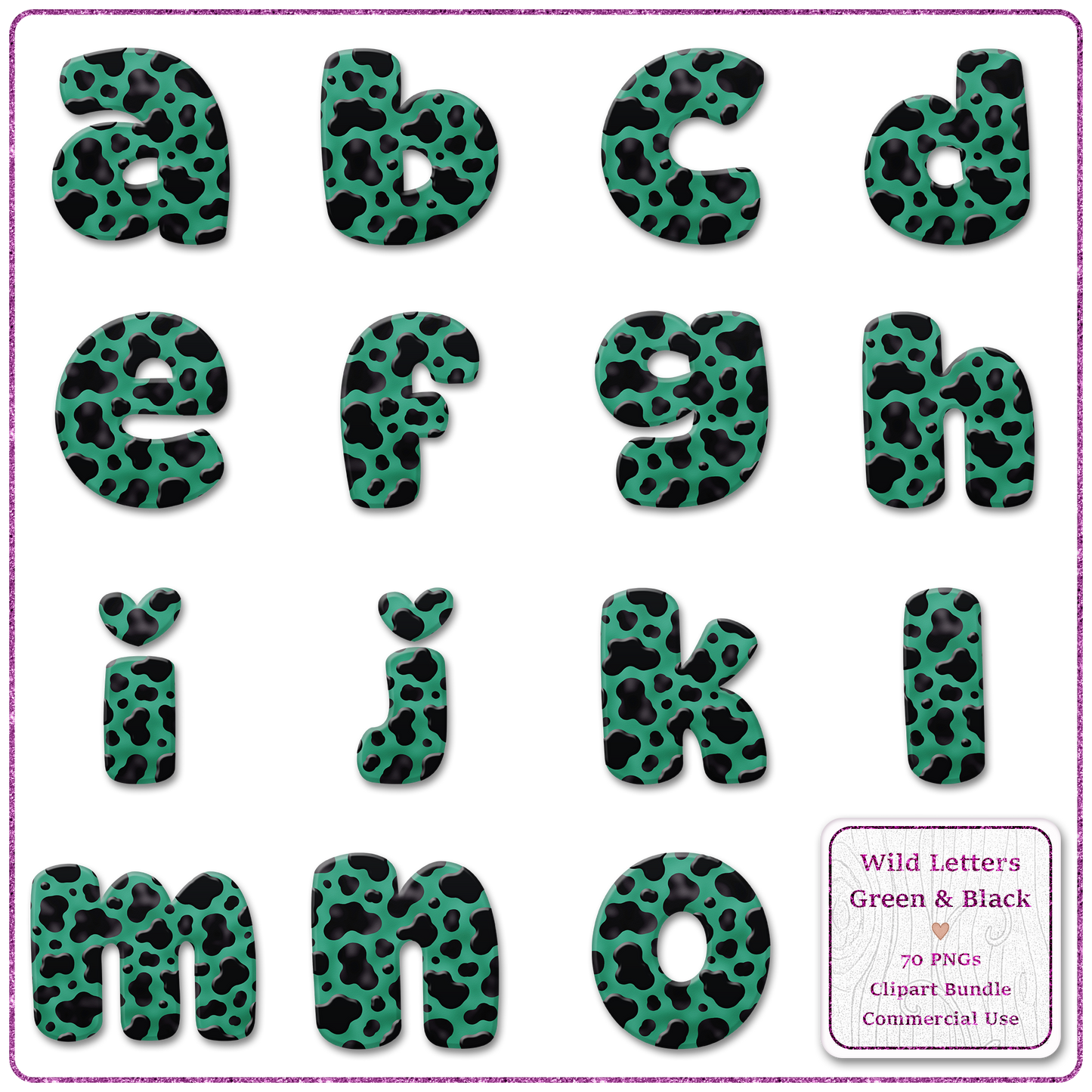 Green Animal Print Letters & Numbers Clipart Bundle 70 PNGs