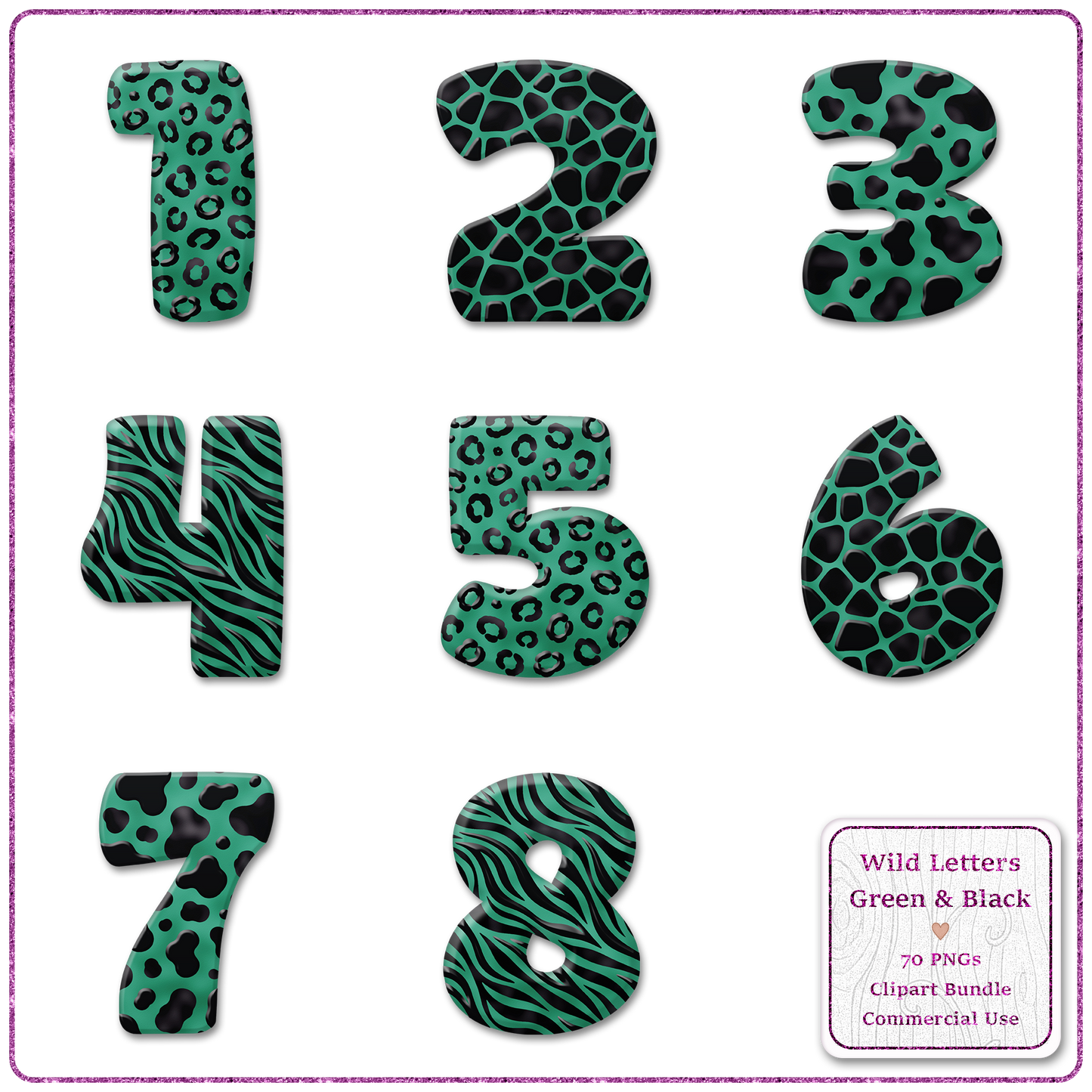Green Animal Print Letters & Numbers Clipart Bundle 70 PNGs