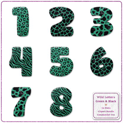 Green Animal Print Letters & Numbers Clipart Bundle 70 PNGs
