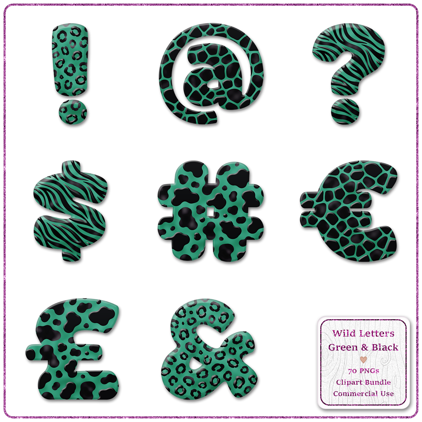 Green Animal Print Letters & Numbers Clipart Bundle 70 PNGs