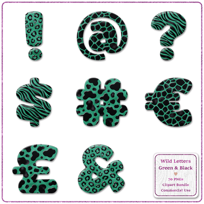 Green Animal Print Letters & Numbers Clipart Bundle 70 PNGs