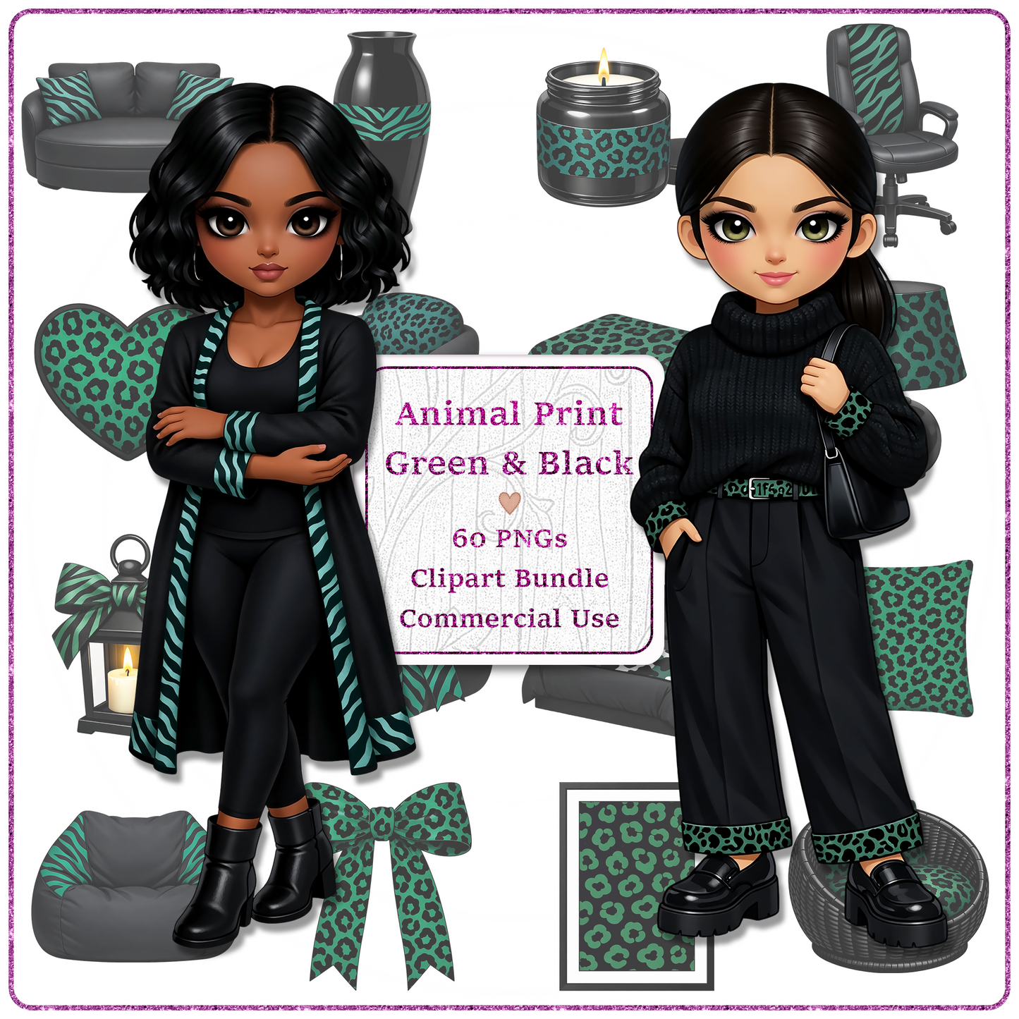 Animal Print Green & Black Clipart Bundle 60 PNGs