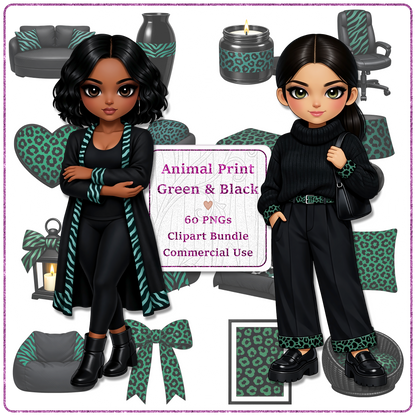Animal Print Green & Black Clipart Bundle 60 PNGs